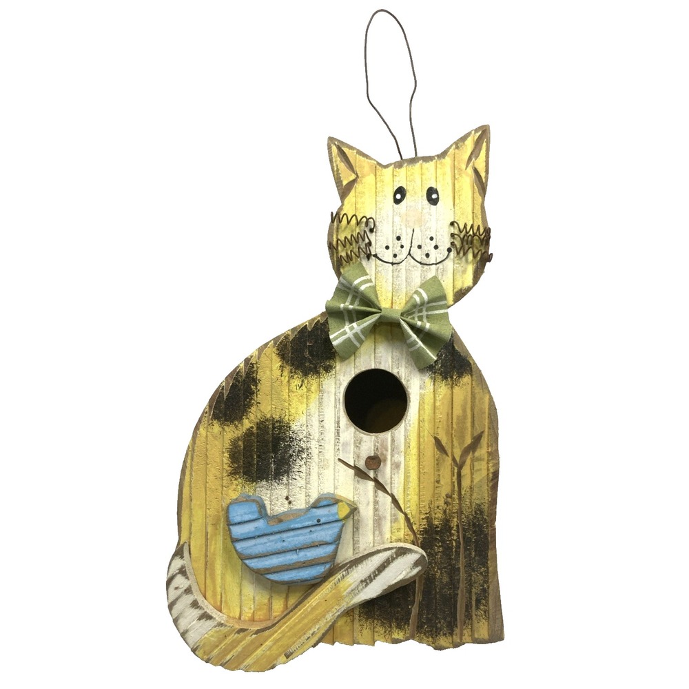 Vtg Handmade Cat Bird House Folk Art Primitive Whimsical Wood Blue Bird